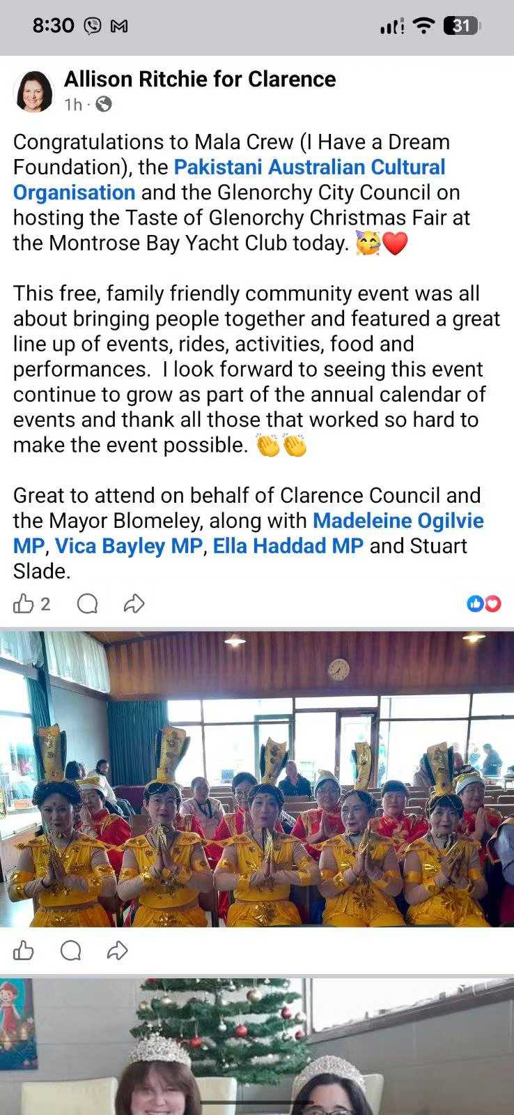 尊敬的克拉倫斯市副市長 Deputy Mayor of Clarence 一 Honourable AIlison Ritchie與尊敬的代表格倫諾奇市議員 Representing Glenorchy City Council  一 Alderman Stuart Slade 的臉書貼文